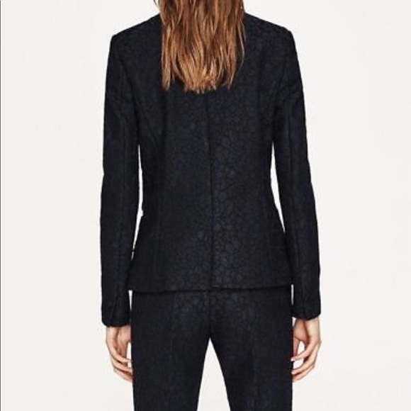 NWT Zara Navy Blue Lace Black Trim Tuxedo Jacket - Picture 2 of 8